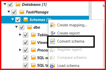 Picture showing the Convert Schema option for copying the schema to target database